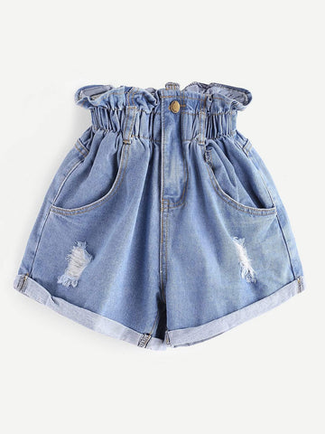 Elastic Waist Ripped Denim Shorts