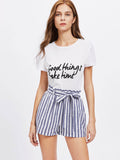 Frill Waist Self Belted Paperbag Shorts