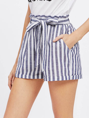 Frill Waist Self Belted Paperbag Shorts