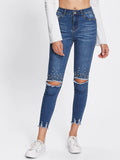Pearl Beading Destroyed Raw Cut Hem Jeans
