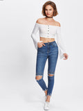 Pearl Beading Destroyed Raw Cut Hem Jeans