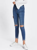 Pearl Beading Destroyed Raw Cut Hem Jeans