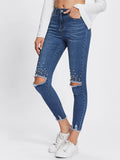 Pearl Beading Destroyed Raw Cut Hem Jeans