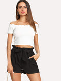 Self Belted Ruffle Waist Paperbag Shorts