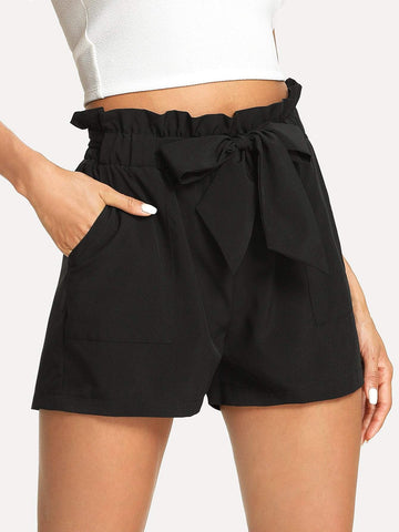 Self Belted Ruffle Waist Paperbag Shorts