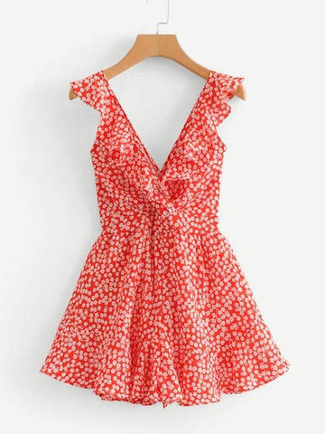 Ditsy Floral Ruffle Trim Knot Back Romper