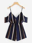 V Neckline Open Shoulder Striped Romper