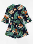 Fluted Sleeve Floral Print Surplice Romper With Belt