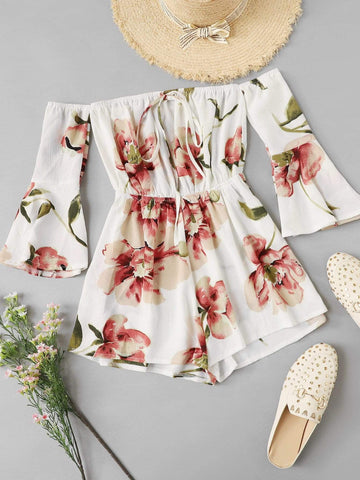 Floral Print Fluted Sleeve Romper