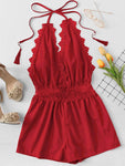 Lace Trim Open Back Halter Romper