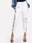 Contrast Tape Ripped Drawstring Jeans