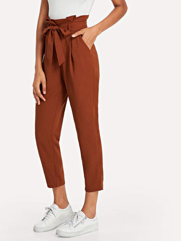 Ruffle Detail Belted Pleated Pants