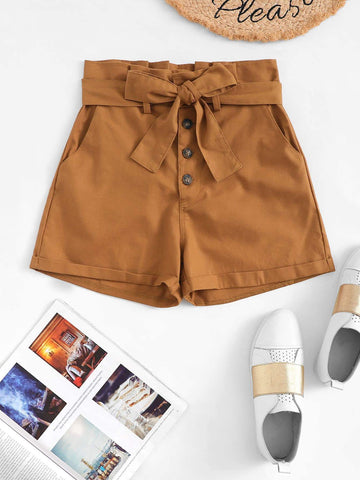 Button Front Belted Paperbag Shorts