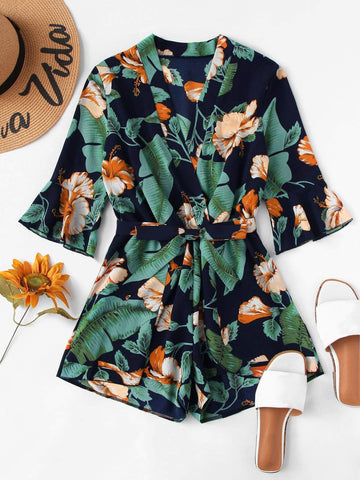 Fluted Sleeve Floral Print Surplice Romper With Belt