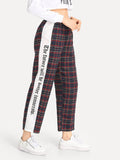 Plaid Letter Print Tape Side Pants