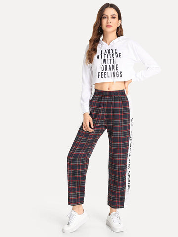 Plaid Letter Print Tape Side Pants