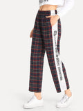 Plaid Letter Print Tape Side Pants