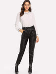 Solid Belted Pu Pants