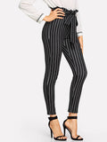 Frill Trim Bow Tie Waist Striped Pants