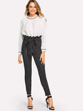 Frill Trim Bow Tie Waist Striped Pants