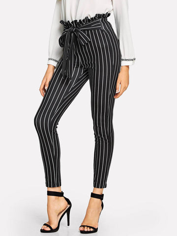 Frill Trim Bow Tie Waist Striped Pants