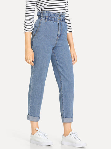 Ruffle Waist Solid Crop Jeans