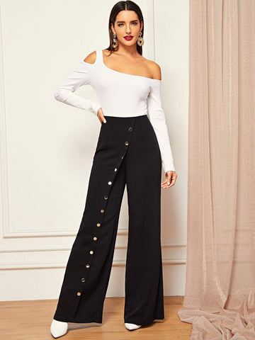 Snap Button Front Wide Leg Pants