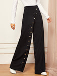 Snap Button Front Wide Leg Pants