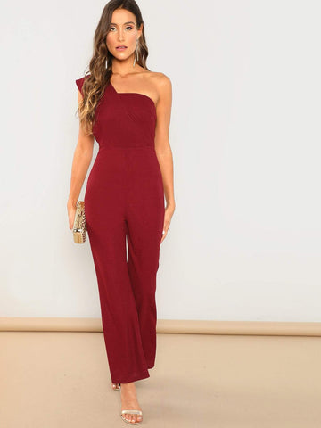 Asymmetrical Neck Solid Textured Jumpsuit