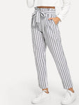 Vertical Striped Frill Belted Pants