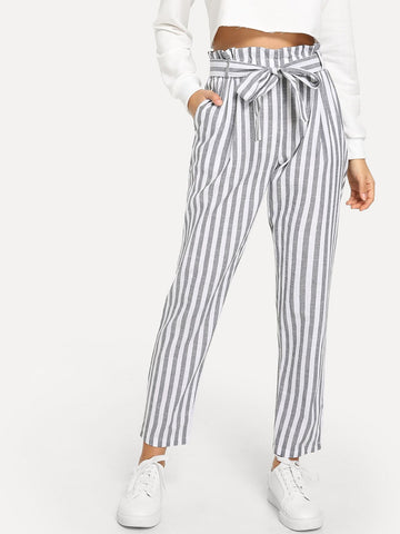 Vertical Striped Frill Belted Pants