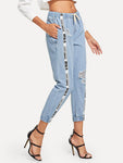 Contrast Tape Ripped Drawstring Jeans