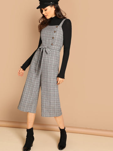 Button Front Tie Waist Wide Leg Jumpsuit