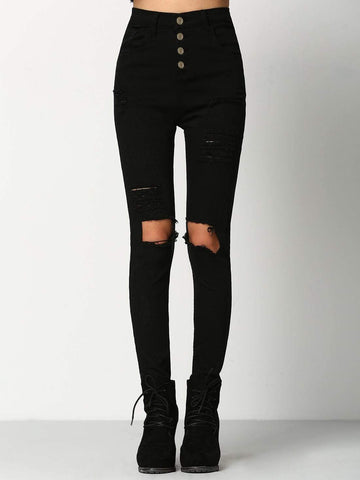 Knee Rips Button Fly Skinny Jeans