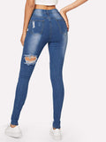 Ripped Faded Wash Button Fly Skinny Jeans