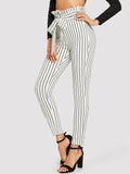 Frill Trim Bow Tie Waist Striped Pants