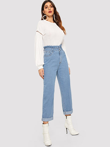 Paperbag Waist Bleach Wash Jeans