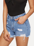 Ripped Raw Hem Denim Shorts