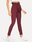 Frill Trim Bow Tie Waist Striped Pants