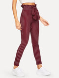 Frill Trim Bow Tie Waist Striped Pants