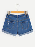 Bleach Wash Rolled Hem Denim Shorts