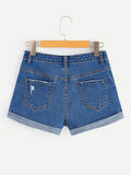 Bleach Wash Rolled Hem Denim Shorts