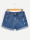 Bleach Wash Rolled Hem Denim Shorts