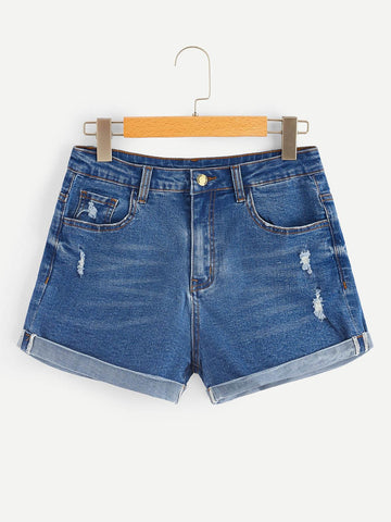 Bleach Wash Rolled Hem Denim Shorts