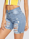 Distressed Rolled Hem Denim Cycling Shorts