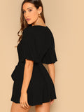 Deep V Neck Flutter Sleeve Belted Romper