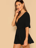 Deep V Neck Flutter Sleeve Belted Romper