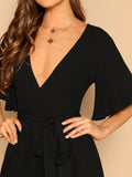 Deep V Neck Flutter Sleeve Belted Romper