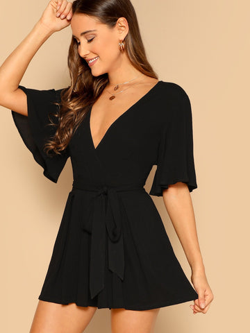 Deep V Neck Flutter Sleeve Belted Romper