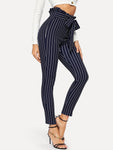 Frill Trim Bow Tie Waist Striped Pants